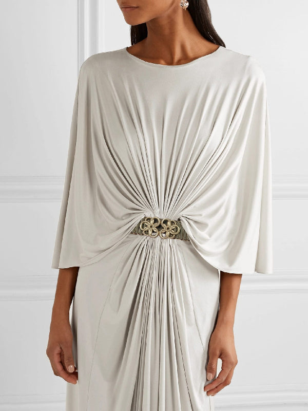 Belted Pleated Solid Color Loose Round-neck Maxi Dresses