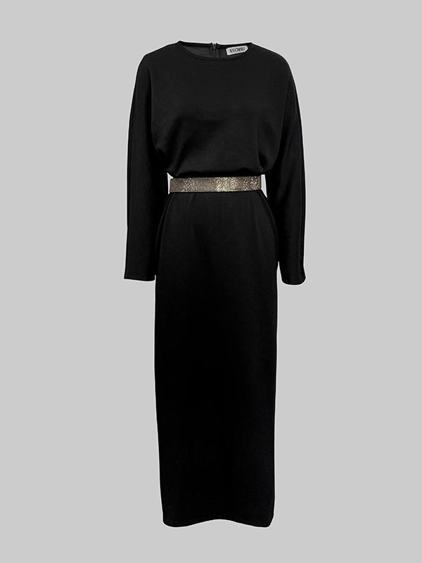 Half Sleeves Loose Rhine Stones Split-Joint Round-Neck Maxi Dresses