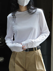Simple Loose Long Sleeves Solid Color Round-Neck T-Shirts Tops