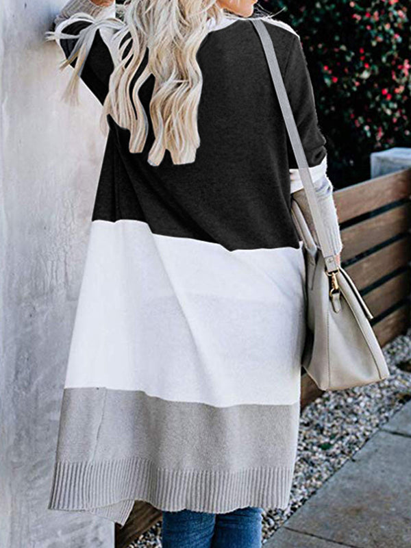Contrast Color Long Sleeves Loose V-Neck Cardigan Tops