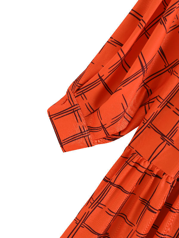 Original Creation Loose Puff Sleeves Plaid High-Neck Midi Dresses