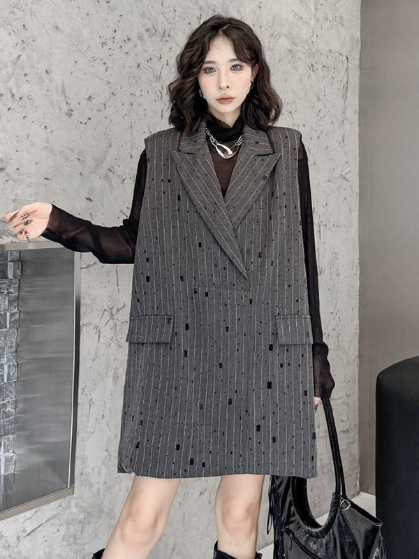 Striped Loose Sleeveless Lapel Vest Top