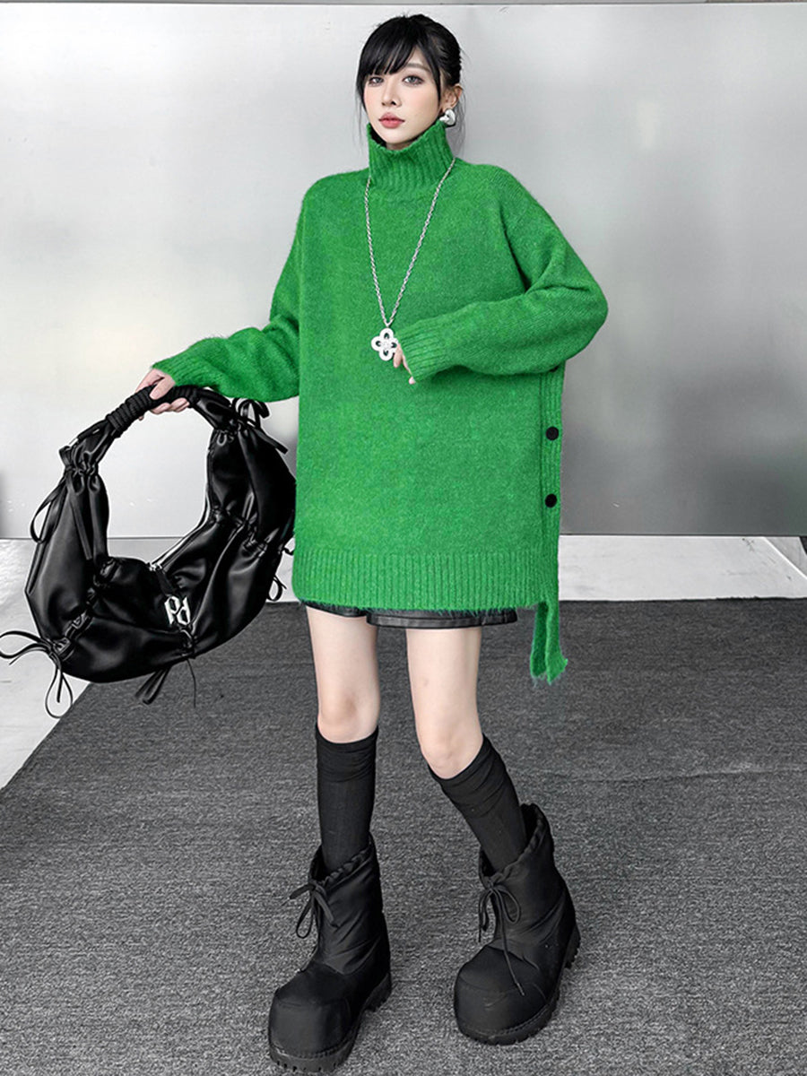 Buttoned Ribs Solid Color Split-Joint Irregularity Long Sleeves High Neck Sweater Tops