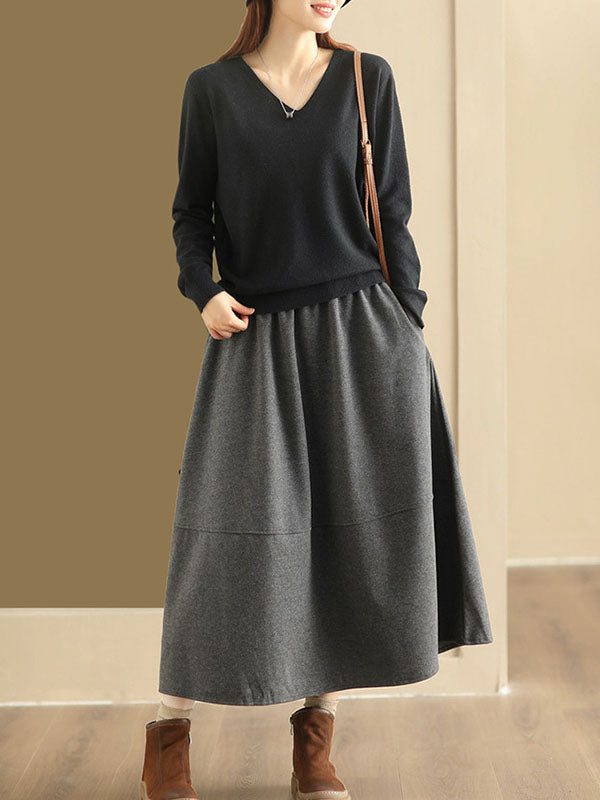 Elasticity Pockets Solid Color A-Line Loose Skirts Bottoms