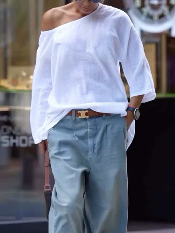 Solid Color Long Sleeves Loose One-Shoulder T-Shirts Tops