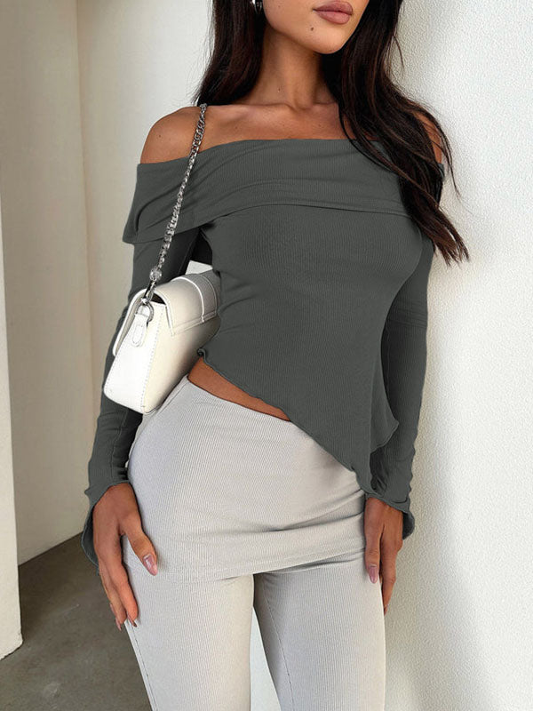 Solid Color Irregular Clipping Long Sleeves Off-The-Shoulder T-Shirts