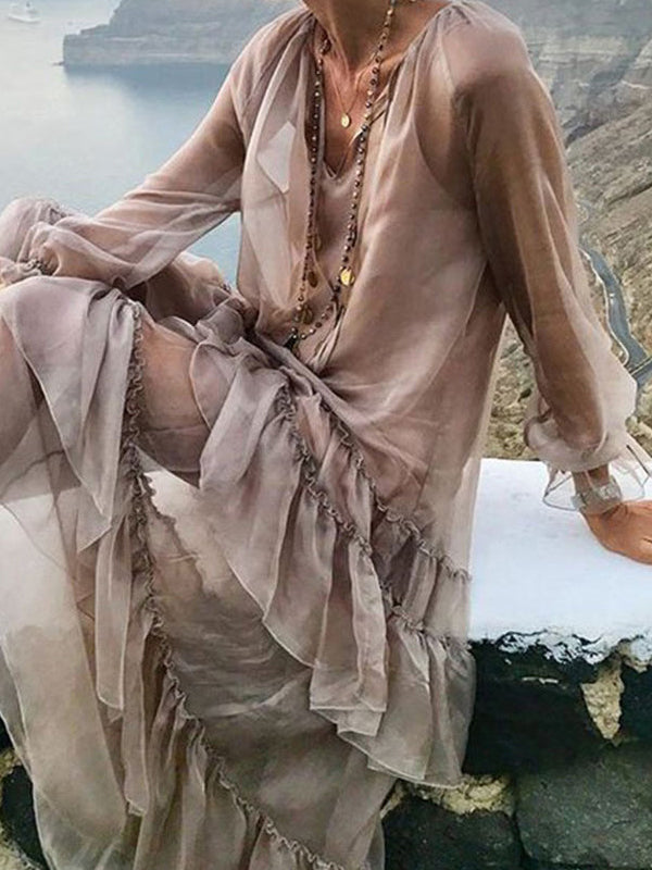 Solid Color Split-Joint High Waisted Long Sleeves Elasticity Mesh Ruffled V-Neck Inner Dress +Outer Maxi Dresses Two Pieces Set