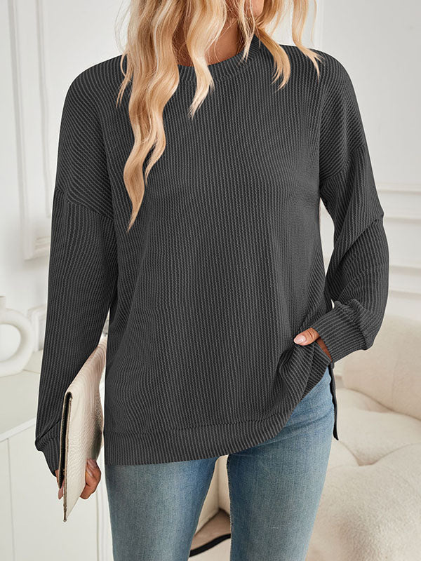 Pleated Solid Color Split-Joint Split-Side High-Low Long Sleeves Round-Neck Sweatershirt
