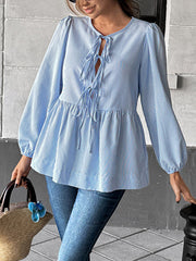 Elasticity Pleated Striped Tied Long Sleeves Loose Round-Neck Blouses&Shirts Tops