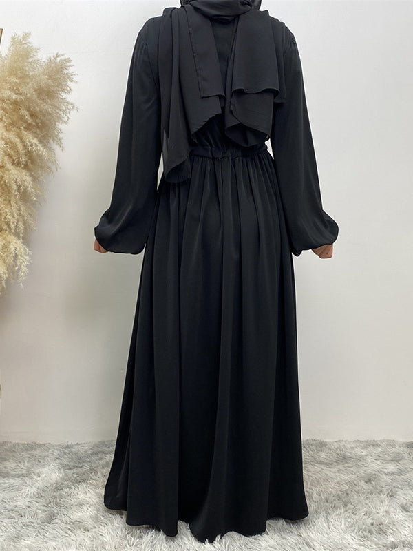Drawstring Elasticity Muslim Pleated Solid Color Zipper Long Sleeves Loose Round-Neck Maxi Dresses