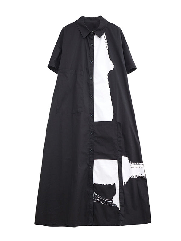 Original Loose Short Sleeves Buttoned Contrast Color Printed Midi Dresses