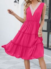 Elasticity Pleated Split-Joint A-Line High Waisted V-Neck Midi Dresses