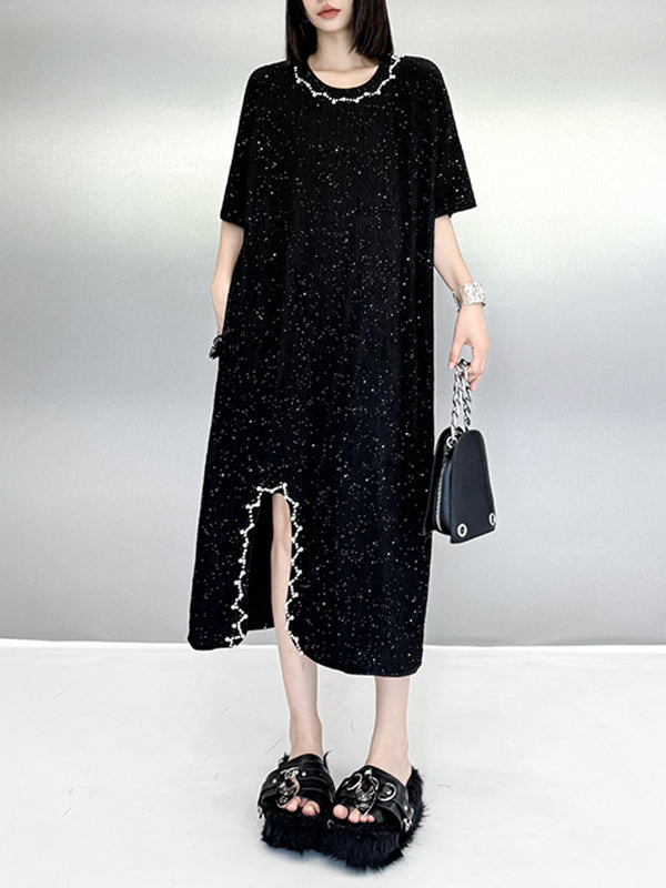 Asymmetric Beaded Shiny Split-Joint Loose Short Sleeves Round-neck Midi Dresses