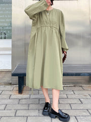 Elasticity Pleated Solid Color A-line Long Sleeves Round-neck Midi Dresses