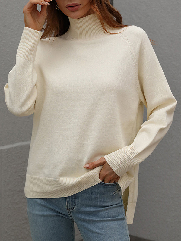 Solid Color Split-Side High-Low Long Sleeves High Neck Sweater Tops Pullovers