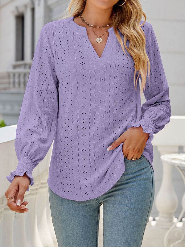 Elasticity Hollow Solid Color Long Sleeves Loose V-neck T-Shirts Tops