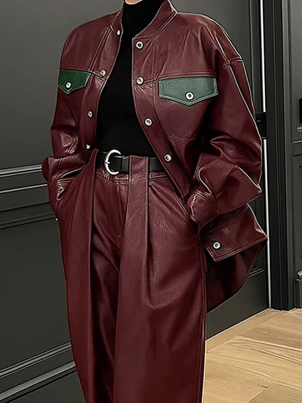 Buttoned Pockets Solid Color Long Sleeves Loose Round-Neck Outerwear Jackets