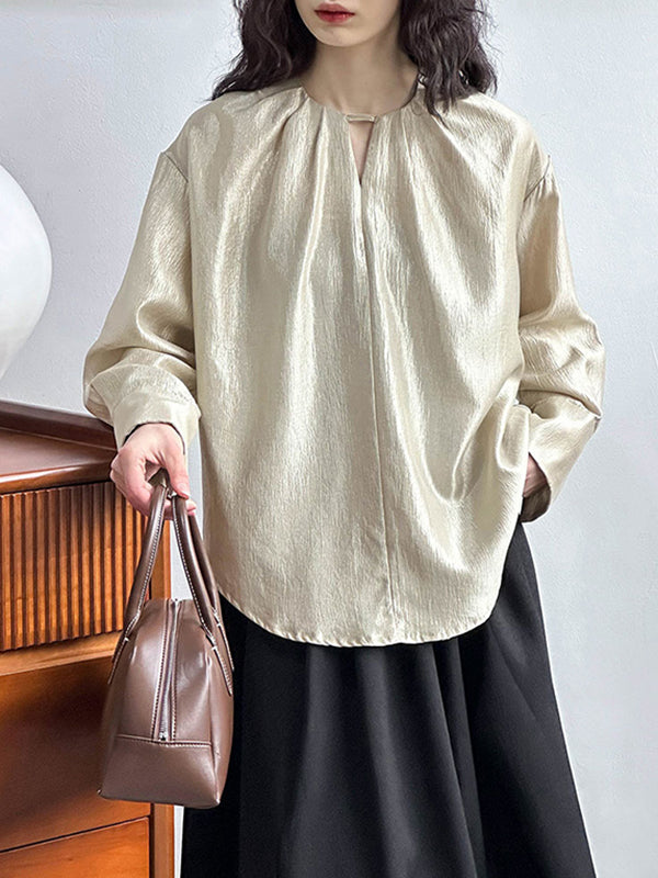 Hollow Shiny Solid Color Long Sleeves Loose Round-Neck Blouses&Shirts Tops