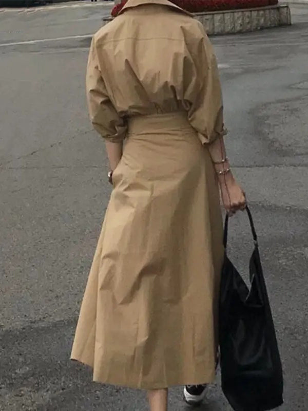 Pleated Solid Color Split-Joint Loose Puff Sleeves Lapel Shirt Dress Maxi Dresses