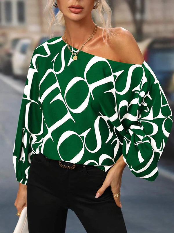 Asymmetric Letter Print Long Sleeves Loose One-Shoulder Blouses&Shirts Tops