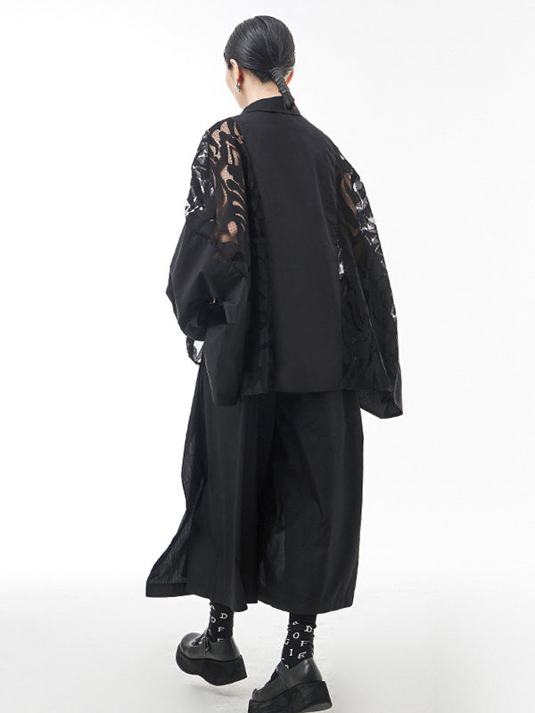 Urban See-Through Lace Split-Joint Lapel Blouse