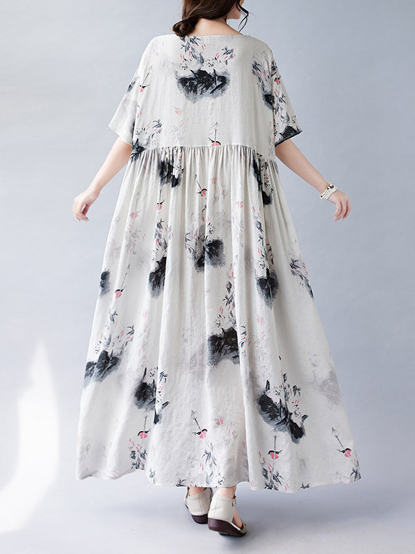 Pleated Printed Split-Joint Loose Short Sleeves Round-neck Midi Dresses