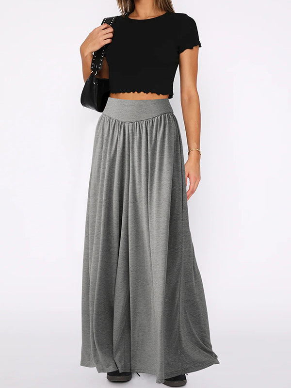 Pleated Pockets Solid Color Split-Joint High Waisted Loose Trousers Pants