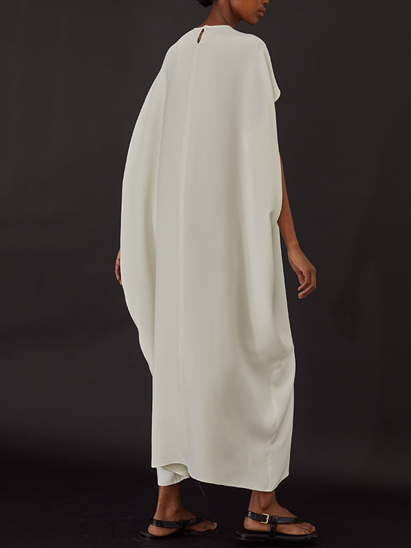 Pleated Solid Color Split-Joint Loose Raglan Sleeve Round-Neck Maxi Dresses