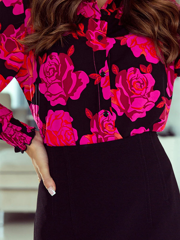 Buttoned Elasticity Flower Print Long Sleeves Loose Lapel Blouses&Shirts Tops