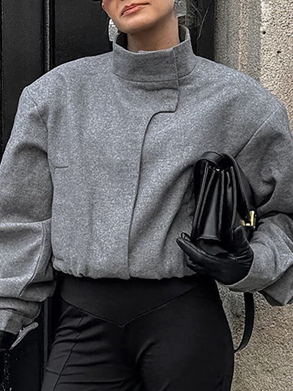 Elasticity Solid Color Long Sleeves Loose Stand Collar Woolen Coat