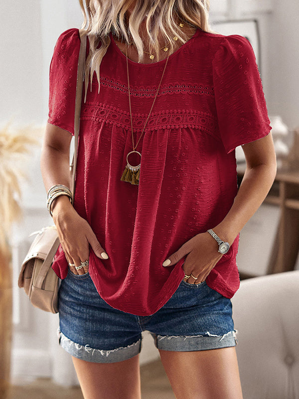 Hollow Jacquard Pleated Solid Color Split-Joint Loose Short Sleeves Round-Neck T-Shirts Tops