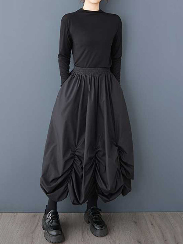 Elasticity Pleated Pockets Solid Color Loose Wide Leg Ninth Pants Culotte