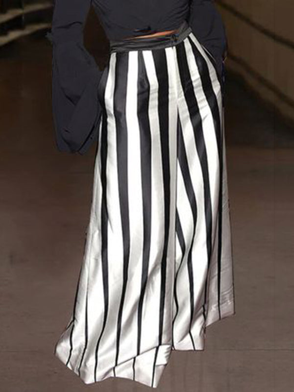 Buttoned Contrast Color Pockets Striped Loose Wide Leg Trousers Pants