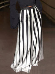 Buttoned Contrast Color Pockets Striped Loose Wide Leg Trousers Pants