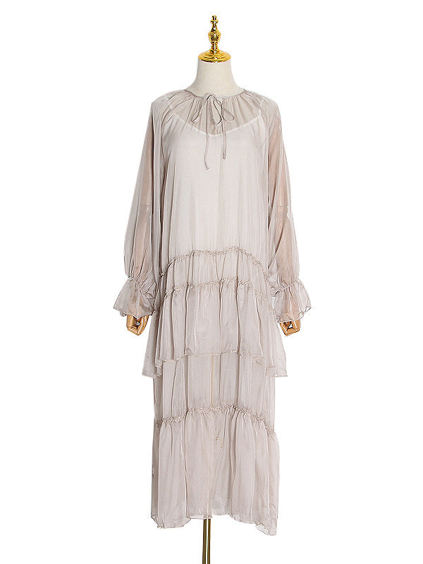 Solid Color Split-Joint High Waisted Long Sleeves Elasticity Mesh Ruffled V-Neck Inner Dress +Outer Maxi Dresses Two Pieces Set
