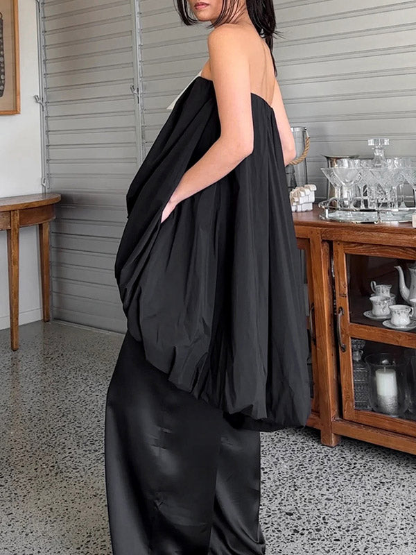 Elasticity Pleated Solid Color Split-Joint High-Low Sleeveless Tube Blouses&Shirts Tops