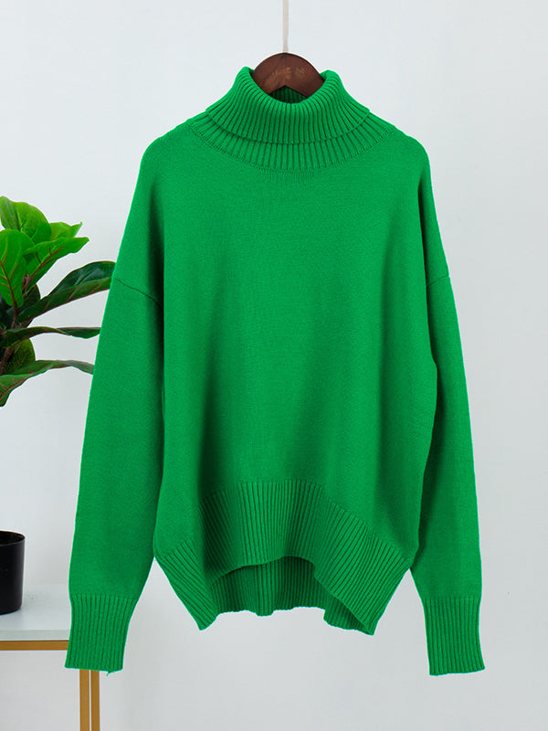 Casual Long Sleeves Loose Solid Color High-Neck Sweater Tops