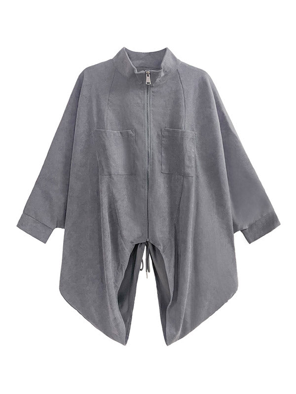 Casual Batwing Sleeves Loose Drawstring Zipper Stand Collar Jackets&Coats