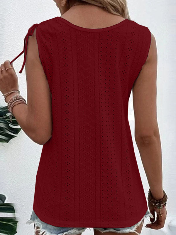 Buttoned Hollow Pleated Split-Joint Tied Loose Plus Size U-neck Vest Top