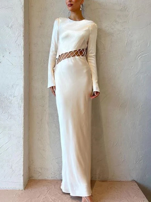 Hollow Solid Color High Waisted Long Sleeves Round-Neck Maxi Dresses