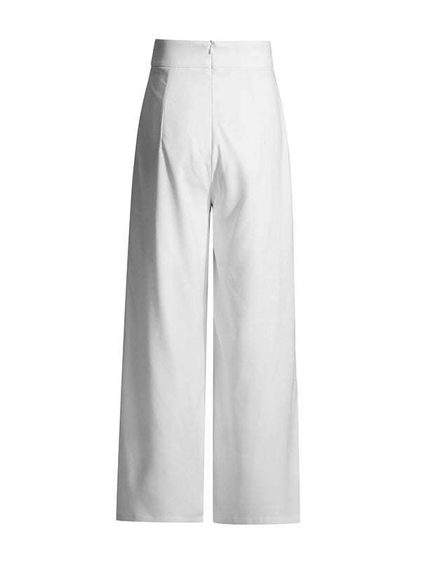 Round-Neck Long Sleeves Buttoned Solid Color Split-Joint Blazers Top +Zipper  Wide Leg Mesh Pleated Pants bottom Two Pieces Set