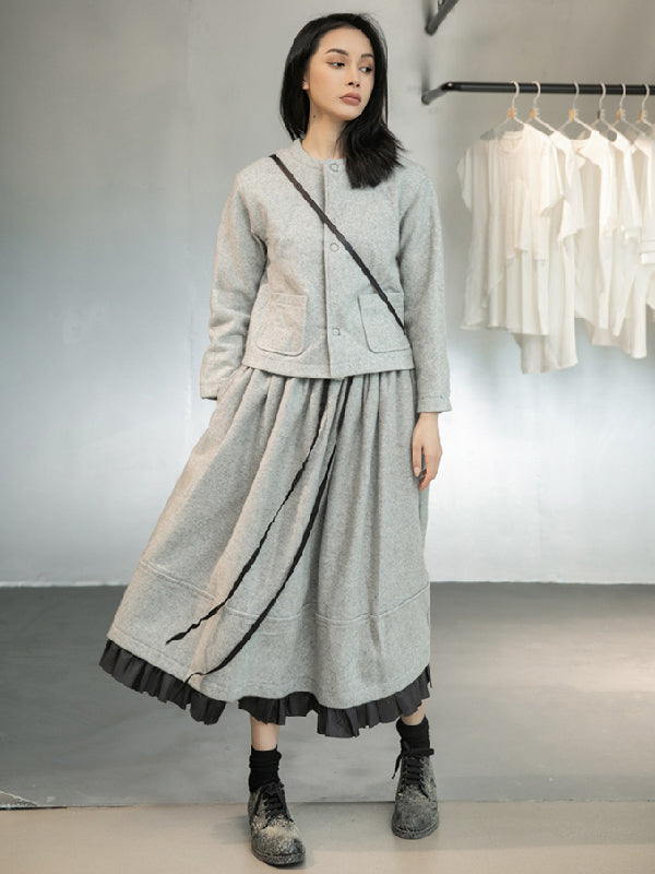Urban Long Sleeves Buttoned Round-Neck Jacket Top+ Split-Joint Skirt Two Pieces Set