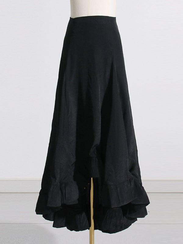 Pleated Ruffled Solid Color High Waisted High-Low Mock Neck Two Pieces Set