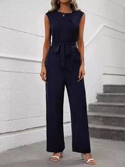 Solid Color Split-Joint Tied Waist Loose Sleeveless Round-neck Jumpsuits