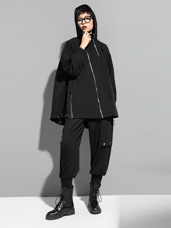 Irregularity Loose Solid Color Zipper Hooded Outerwear