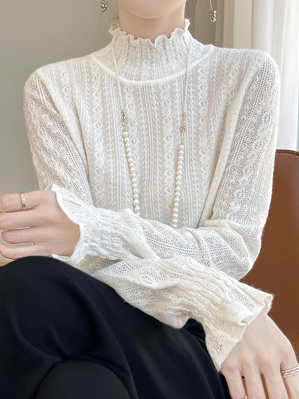 Elasticity Ruffle Trim Solid Color Long Sleeves Loose Mock Neck T-Shirts Tops