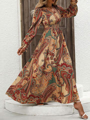 Elasticity Printed Loose Puff Sleeves V-Neck Maxi Dresses