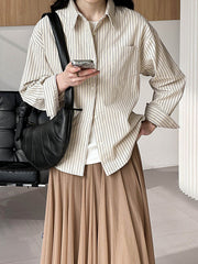 Buttoned Pockets Striped Long Sleeves Loose Lapel Blouses&Shirts Tops