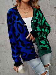 Buttoned Leopard Split-Joint Long Sleeves Loose V-Neck Cardigan Tops