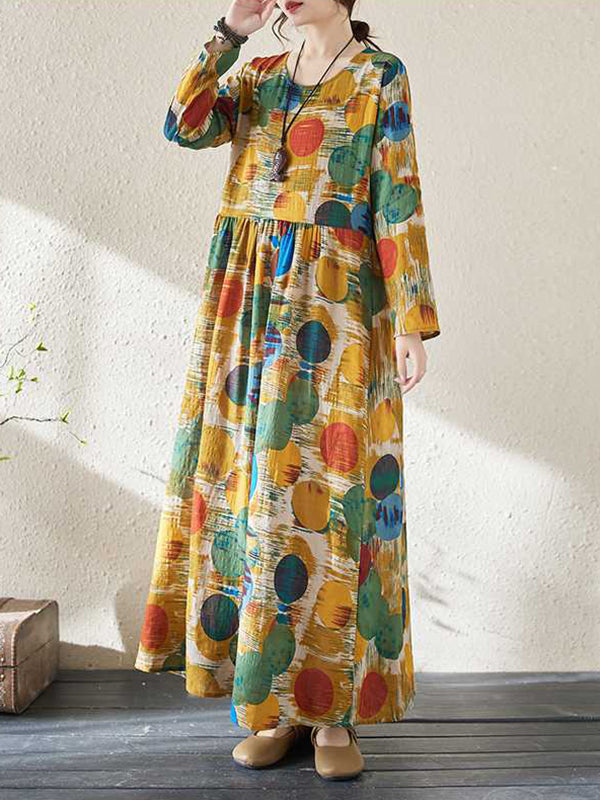 Pleated Polka-Dot Split-Joint A-Line Long Sleeves Round-Neck Maxi Dresses